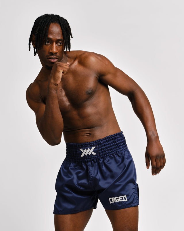 Caged Muay Thai Shorts Classic - Navy Blauw/Wit