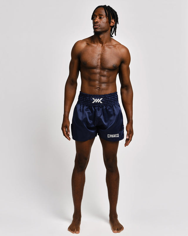 Caged Muay Thai Shorts Classic - Navy Blauw/Wit