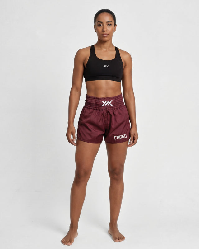 Pantaloni scurți Muay Thai Caged Classic – Bordeaux/Alb femei