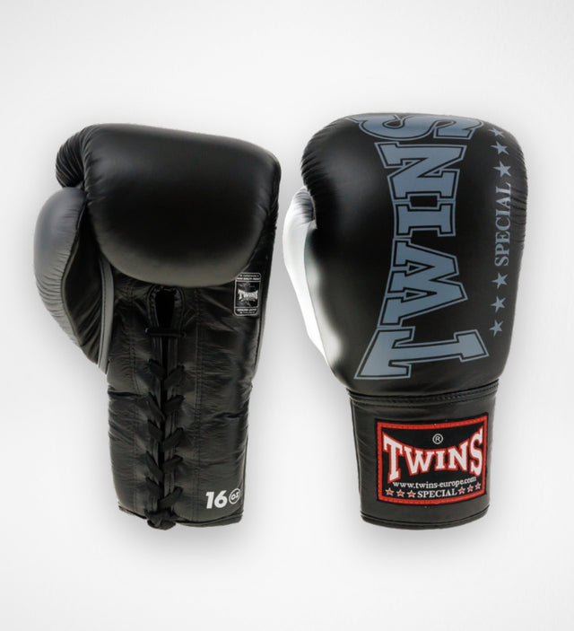 Guantes de boxeo Twins BGLL8 con cierre de cordones – Negro/Gris