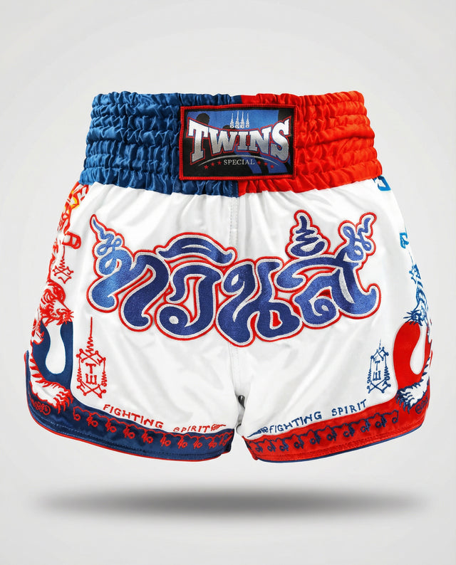 Pantalones de Muay Thai Twins TTBL Yant – Blanco/Azul/Rojo