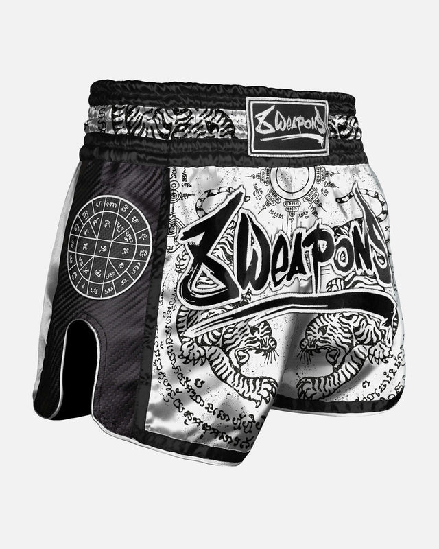 Pantalones de Muay Thai 8 WEAPONS Carbon Sak Yant Tigers – Blanco