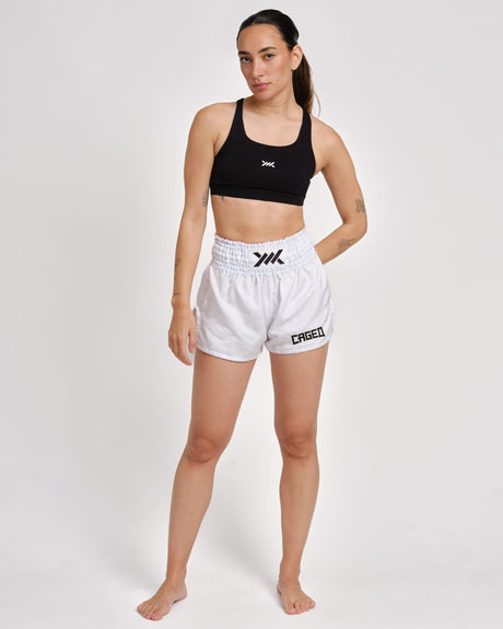 Shorts de Muay Thai Caged Classic – Blanc/noir femme