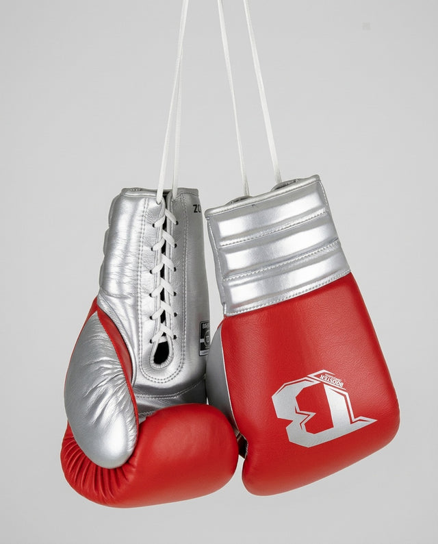Guantoni da boxe Booster Rapid Strike con allacciatura a lacci – Rosso/Argento