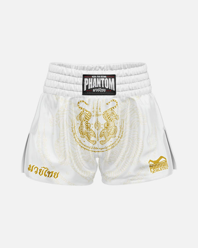 Pantaloni scurți Muay Thai Phantom Athletics Sak Yant – Alb/Aur