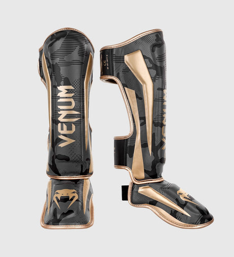 Protège-tibias Venum Elite – Gris camo/Or